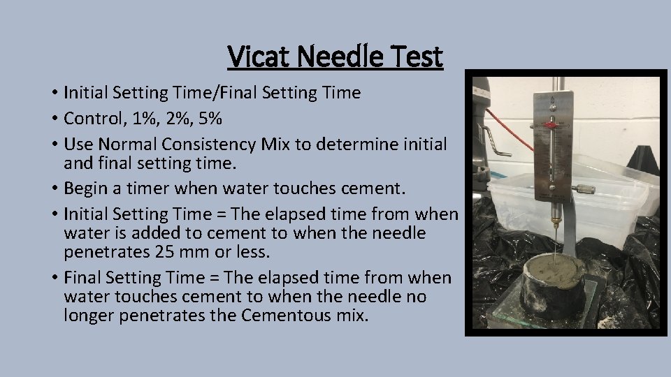 Vicat Needle Test • Initial Setting Time/Final Setting Time • Control, 1%, 2%, 5%