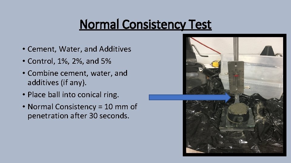 Normal Consistency Test • Cement, Water, and Additives • Control, 1%, 2%, and 5%