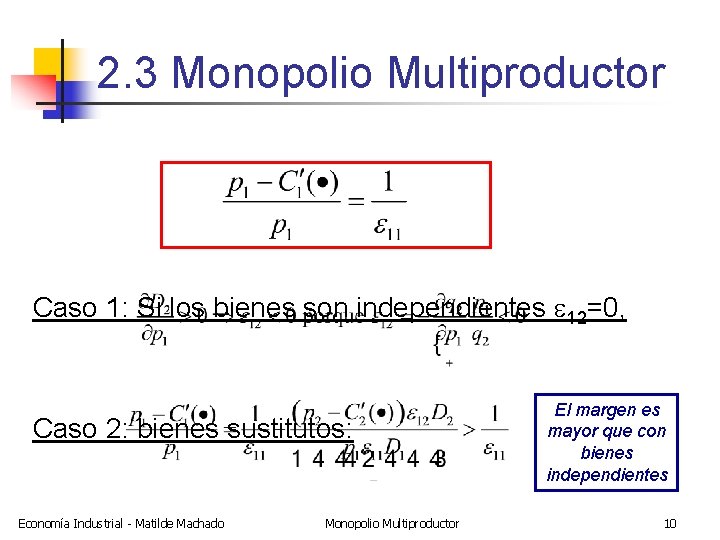 2. 3 Monopolio Multiproductor Caso 1: Si los bienes son independientes e 12=0, Caso