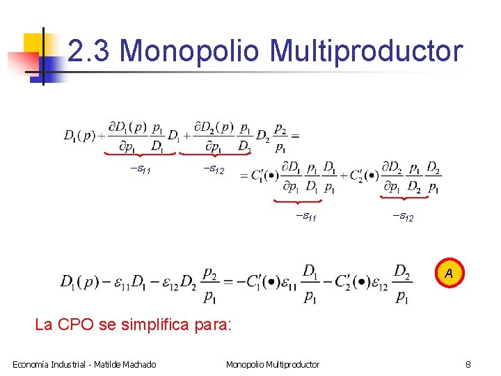 2. 3 Monopolio Multiproductor -e 11 -e 12 A La CPO se simplifica para: