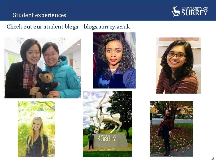 Student experiences Check out our student blogs – blogs. surrey. ac. uk 18 