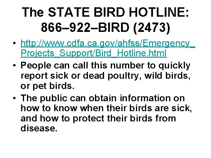 The STATE BIRD HOTLINE: 866– 922–BIRD (2473) • http: //www. cdfa. ca. gov/ahfss/Emergency_ Projects_Support/Bird_Hotline.