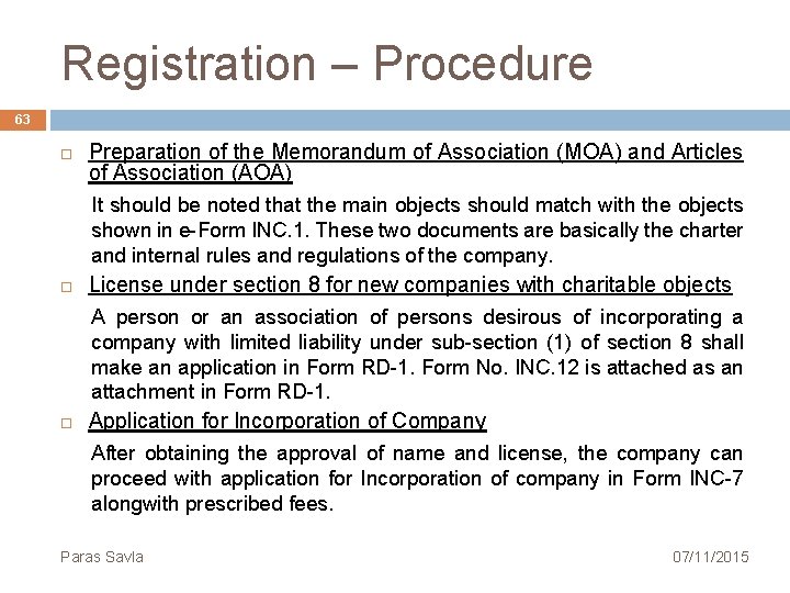 Registration – Procedure 63 Preparation of the Memorandum of Association (MOA) and Articles of