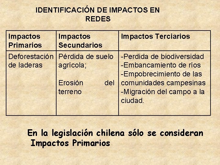 IDENTIFICACIÓN DE IMPACTOS EN REDES Impactos Primarios Impactos Secundarios Impactos Terciarios -Perdida de biodiversidad