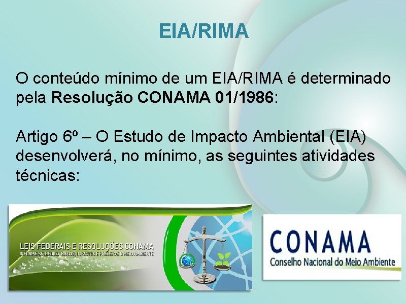 EIA/RIMA O conteúdo mínimo de um EIA/RIMA é determinado pela Resolução CONAMA 01/1986: Artigo