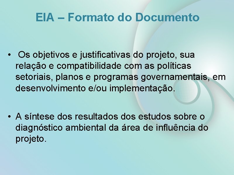 EIA – Formato do Documento • Os objetivos e justificativas do projeto, sua relação