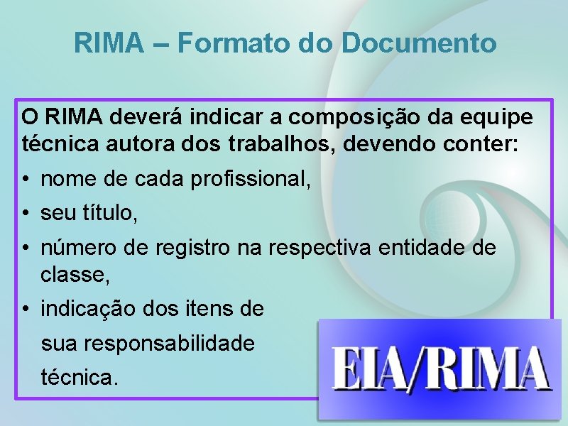 RIMA – Formato do Documento O RIMA deverá indicar a composição da equipe técnica
