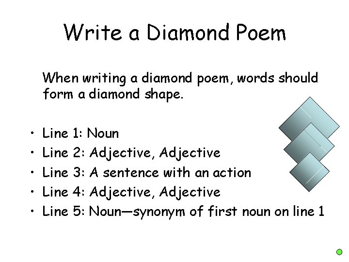 Write a Diamond Poem When writing a diamond poem, words should form a diamond