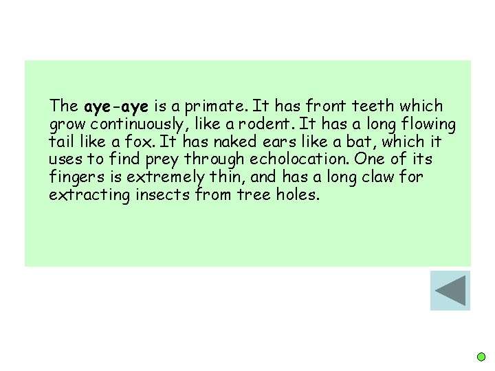 The aye-aye is a primate. It has front teeth which grow continuously, like a