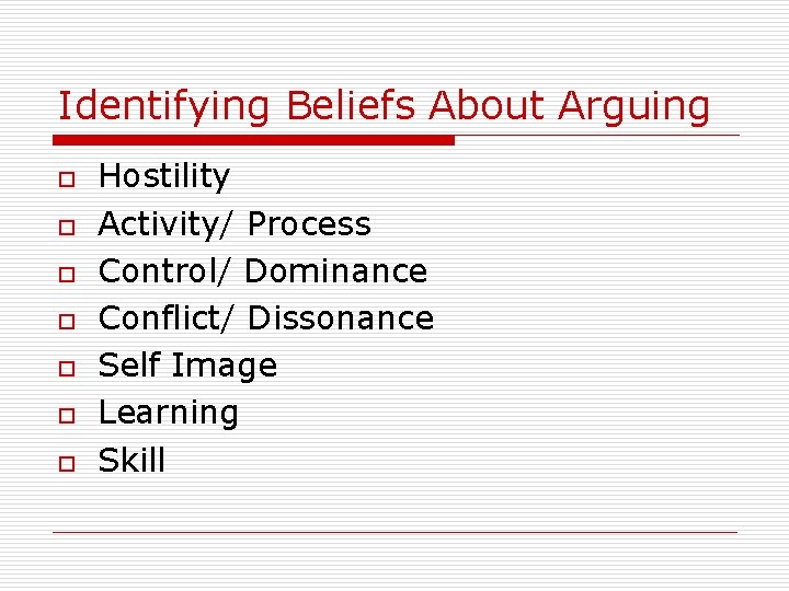 Identifying Beliefs About Arguing o o o o Hostility Activity/ Process Control/ Dominance Conflict/