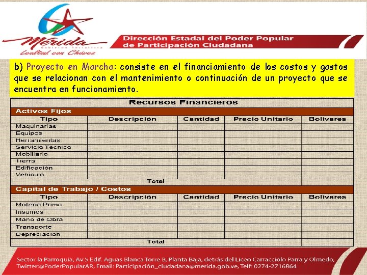 b) Proyecto en Marcha: consiste en el financiamiento de los costos y gastos que