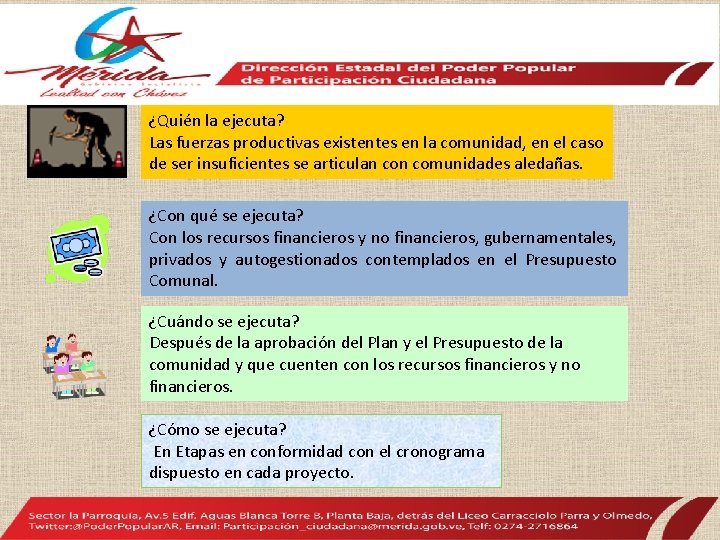 ¿Quién la ejecuta? Las fuerzas productivas existentes en la comunidad, en el caso de