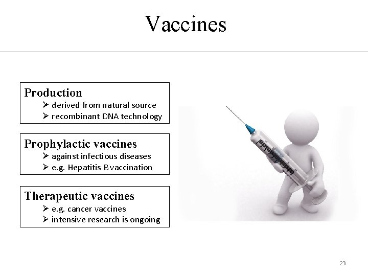 Vaccines Production Ø derived from natural source Ø recombinant DNA technology Prophylactic vaccines Ø