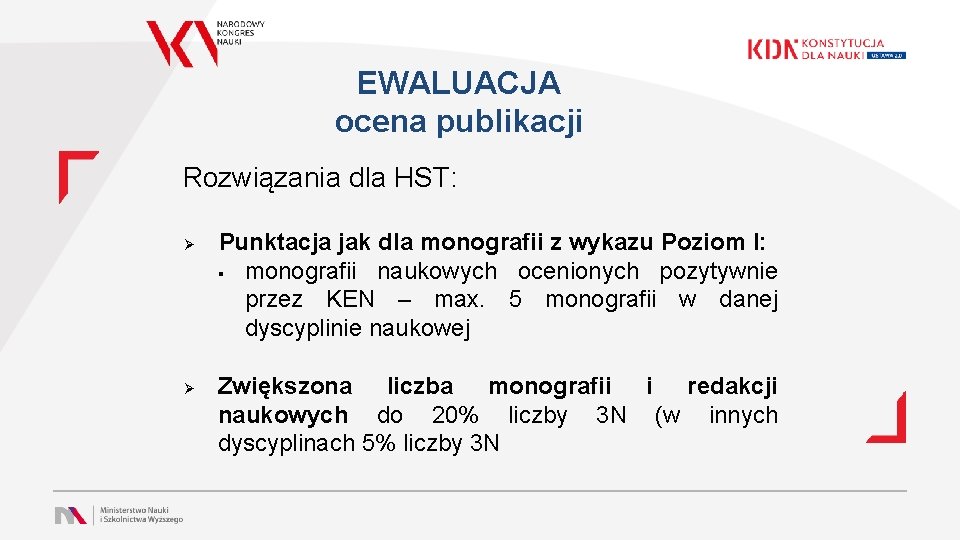 EWALUACJA ocena publikacji Rozwiązania dla HST: Ø Ø Punktacja jak dla monografii z wykazu