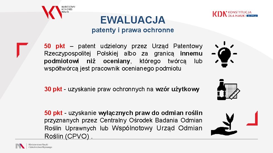EWALUACJA patenty i prawa ochronne 50 pkt – patent udzielony przez Urząd Patentowy Rzeczypospolitej