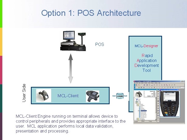 Option 1: POS Architecture POS MCL-Designer User Side Rapid Application Development Tool MCL-Client Engine