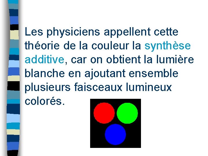 Les physiciens appellent cette théorie de la couleur la synthèse additive, car on obtient