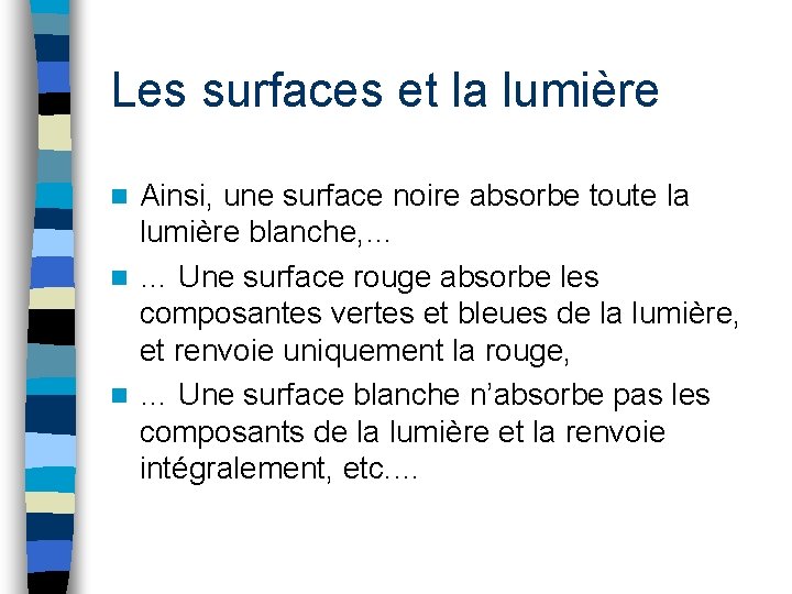 Les surfaces et la lumière Ainsi, une surface noire absorbe toute la lumière blanche,