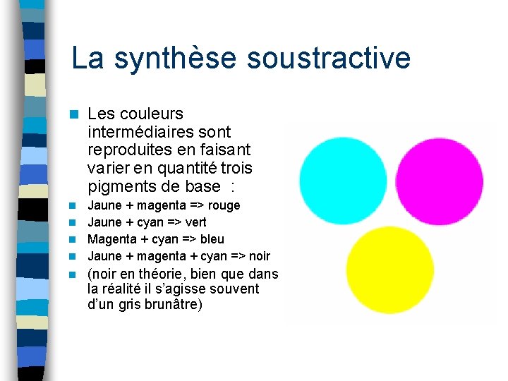 La synthèse soustractive n Les couleurs intermédiaires sont reproduites en faisant varier en quantité