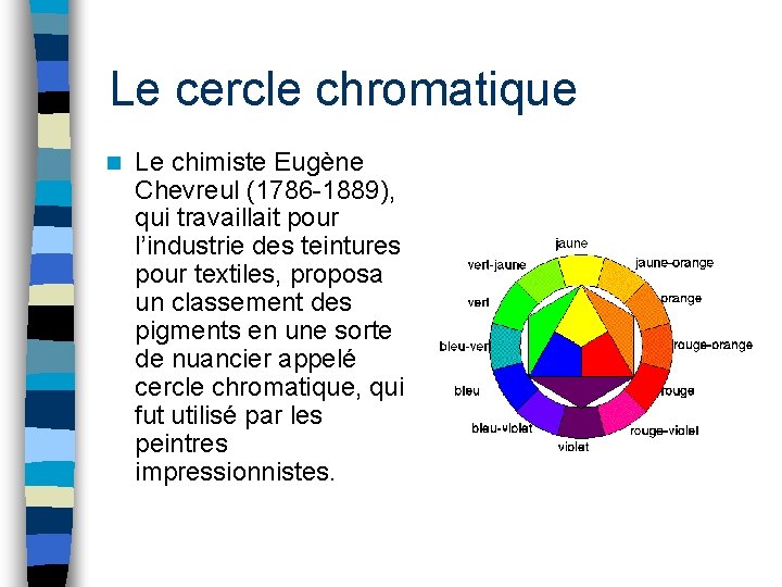 Le cercle chromatique n Le chimiste Eugène Chevreul (1786 -1889), qui travaillait pour l’industrie