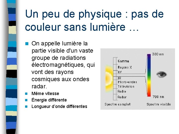 Un peu de physique : pas de couleur sans lumière … n On appelle