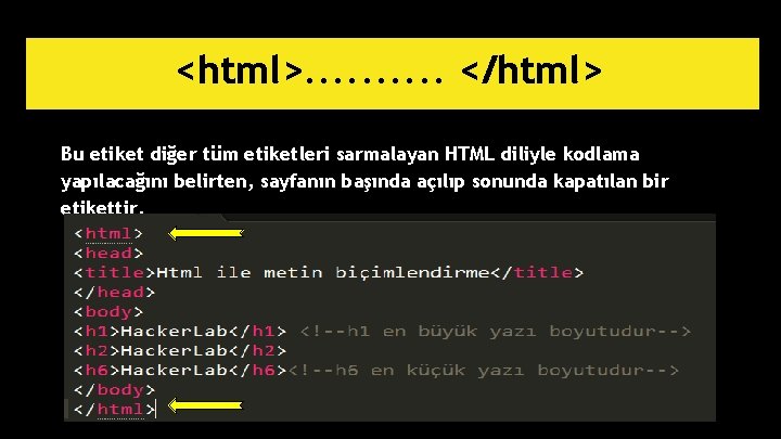 <html>. . </html> Bu etiket diğer tüm etiketleri sarmalayan HTML diliyle kodlama yapılacağını belirten,