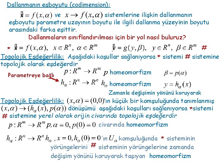 Dallanmanın eşboyutu (codimension): ve sistemlerine ilişkin dallanmanın eşboyutu parametre uzayının boyutu ile ilgili dallanma