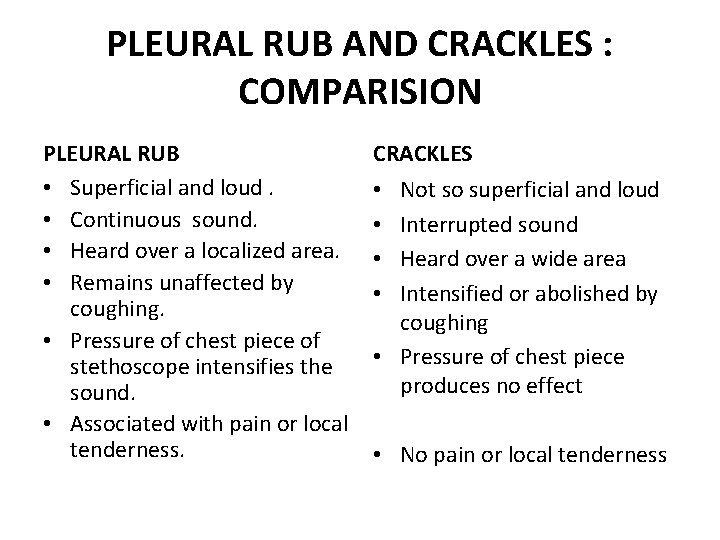 PLEURAL RUB AND CRACKLES : COMPARISION PLEURAL RUB • Superficial and loud. • Continuous PLEURAL RUB AND CRACKLES : COMPARISION PLEURAL RUB • Superficial and loud. • Continuous