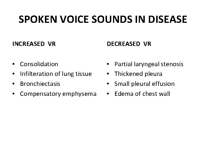 SPOKEN VOICE SOUNDS IN DISEASE INCREASED VR • • Consolidation Infilteration of lung tissue SPOKEN VOICE SOUNDS IN DISEASE INCREASED VR • • Consolidation Infilteration of lung tissue