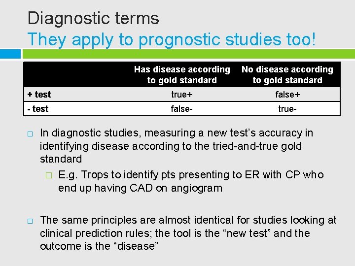 Diagnostic terms They apply to prognostic studies too! Has disease according to gold standard