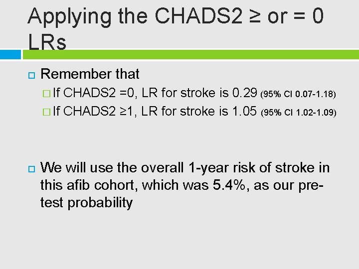 Applying the CHADS 2 ≥ or = 0 LRs Remember that � If CHADS
