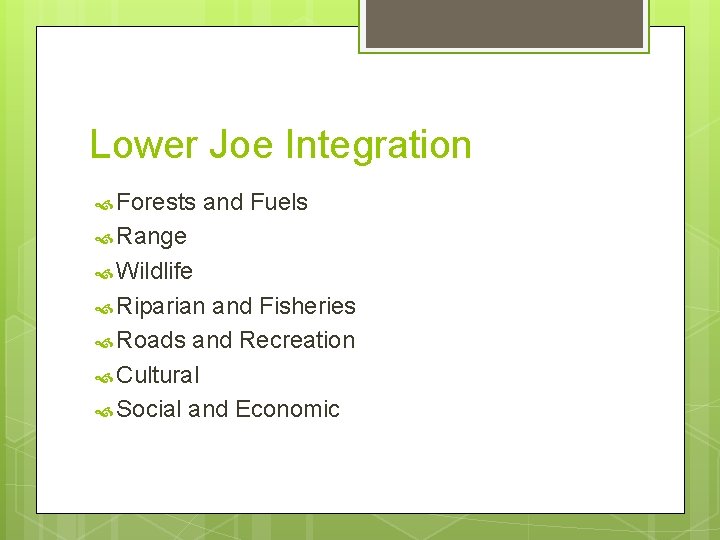 Lower Joe Integration Forests and Fuels Range Wildlife Riparian and Fisheries Roads and Recreation