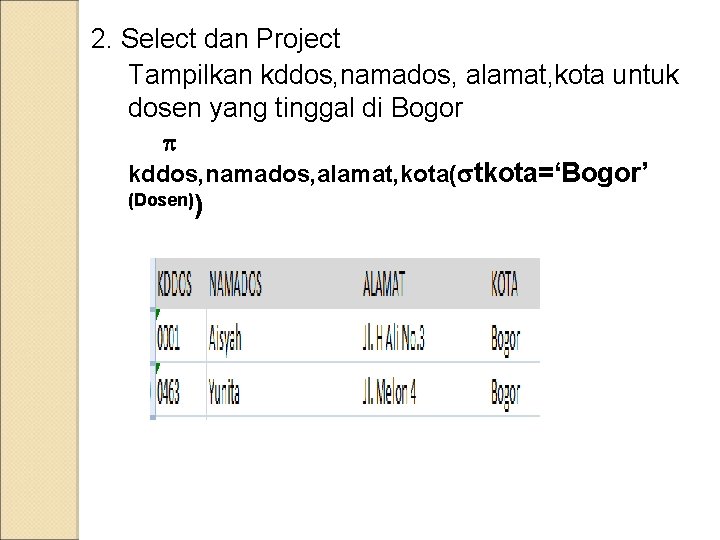 2. Select dan Project Tampilkan kddos, namados, alamat, kota untuk dosen yang tinggal di