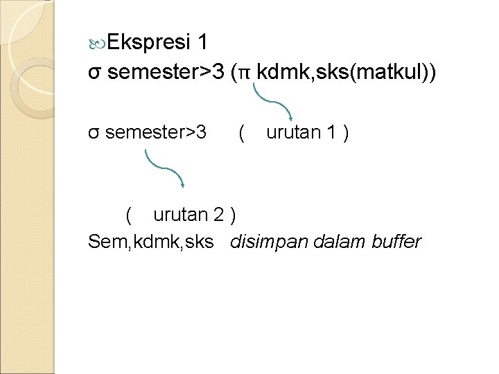  Ekspresi 1 σ semester>3 (π kdmk, sks(matkul)) σ semester>3 ( urutan 1 )
