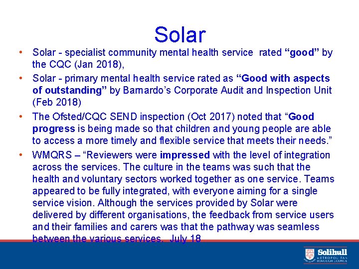 Solar • Solar - specialist community mental health service rated “good” by the CQC