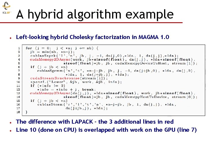 A hybrid algorithm example u u u Left-looking hybrid Cholesky factorization in MAGMA 1.