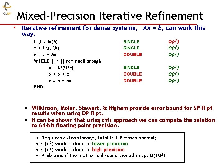 Mixed-Precision Iterative Refinement • Iterative refinement for dense systems, Ax = b, can work