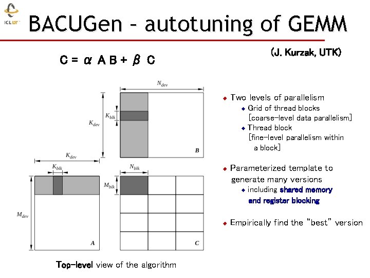 BACUGen – autotuning of GEMM (J. Kurzak, UTK) C=αAB+βC u Two levels of parallelism