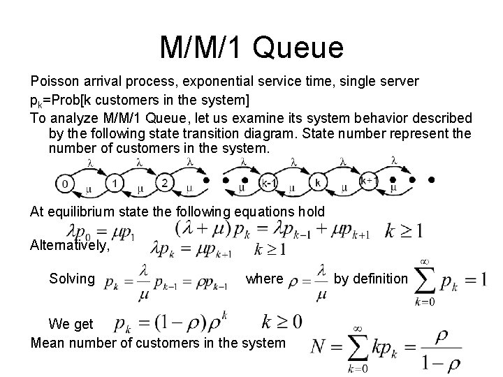 M/M/1 Queue Poisson arrival process, exponential service time, single server pk=Prob[k customers in the