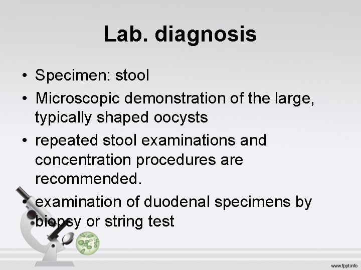 Lab. diagnosis • Specimen: stool • Microscopic demonstration of the large, typically shaped oocysts