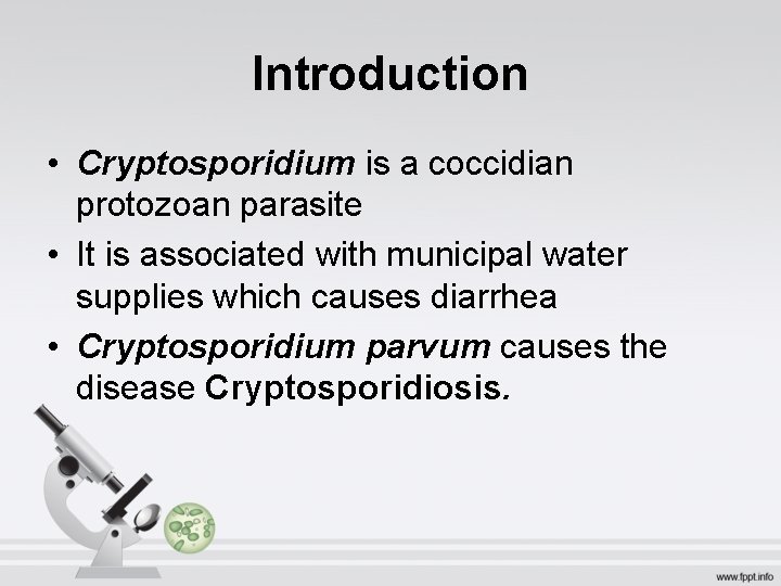 Introduction • Cryptosporidium is a coccidian protozoan parasite • It is associated with municipal