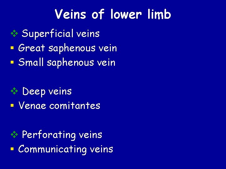 Veins of lower limb v Superficial veins § Great saphenous vein § Small saphenous Veins of lower limb v Superficial veins § Great saphenous vein § Small saphenous