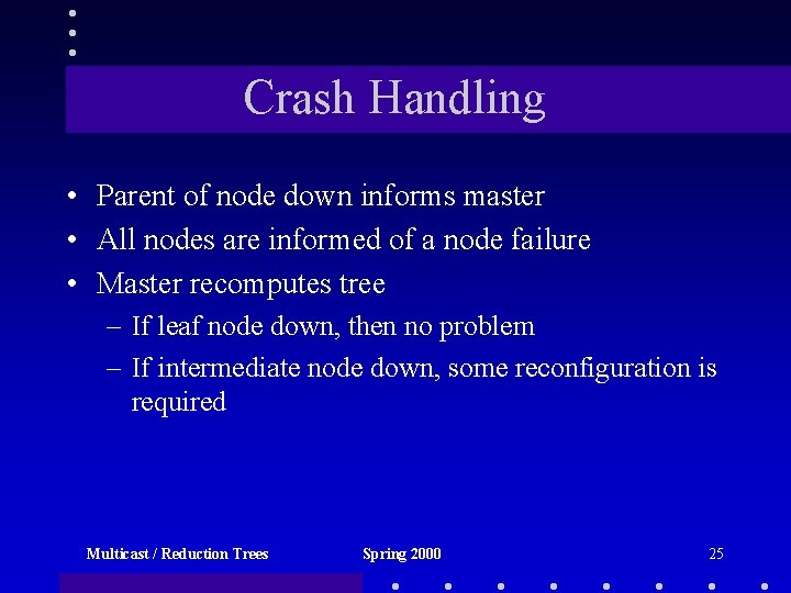 Crash Handling • Parent of node down informs master • All nodes are informed