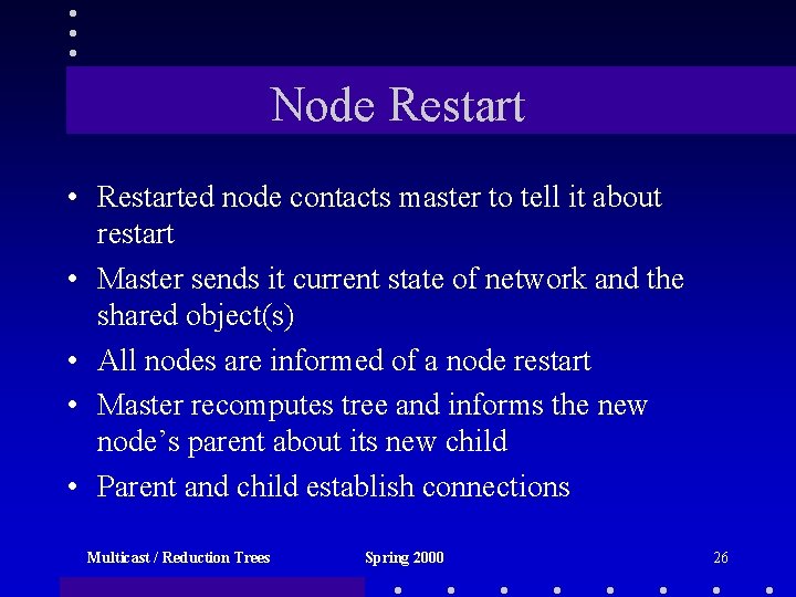 Node Restart • Restarted node contacts master to tell it about restart • Master