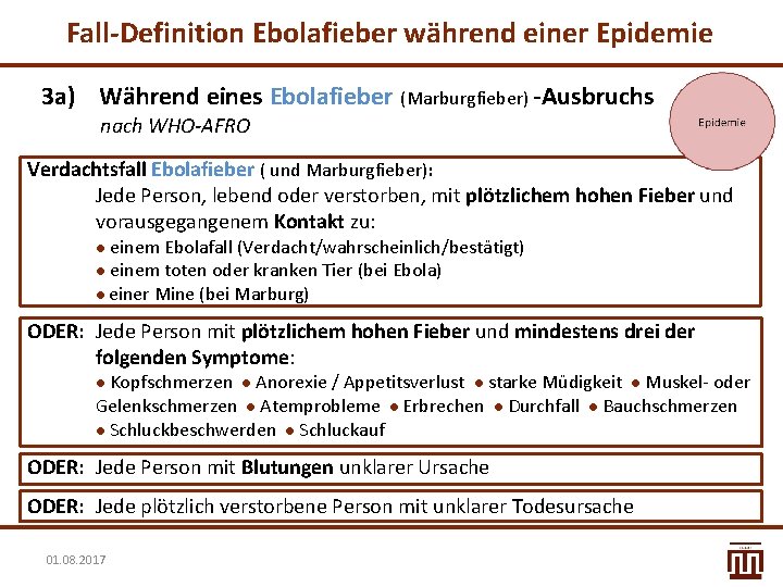 Fall-Definition Ebolafieber während einer Epidemie 3 a) Während eines Ebolafieber (Marburgfieber) -Ausbruchs nach WHO-AFRO