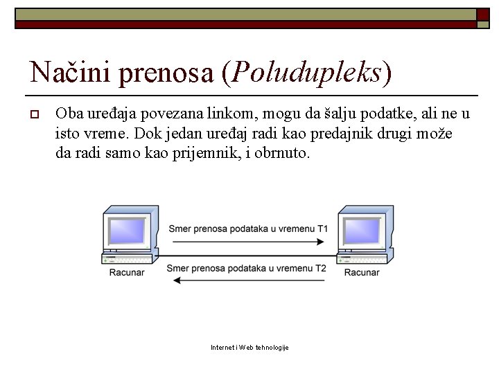 Načini prenosa (Poludupleks) o Oba uređaja povezana linkom, mogu da šalju podatke, ali ne