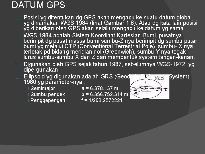 DATUM GPS Posisi yg ditentukan dg GPS akan mengacu ke suatu datum global yg