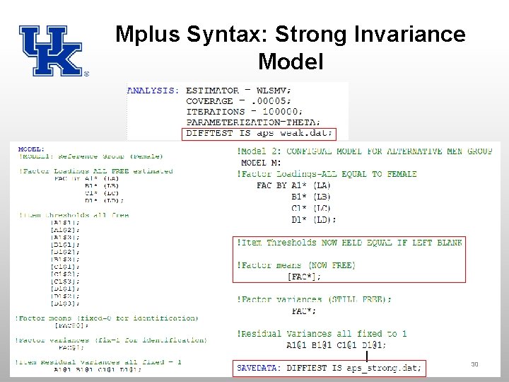 Mplus Syntax: Strong Invariance Model 30 