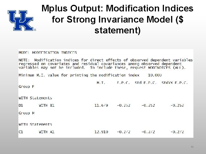 Mplus Output: Modification Indices for Strong Invariance Model ($ statement) 32 