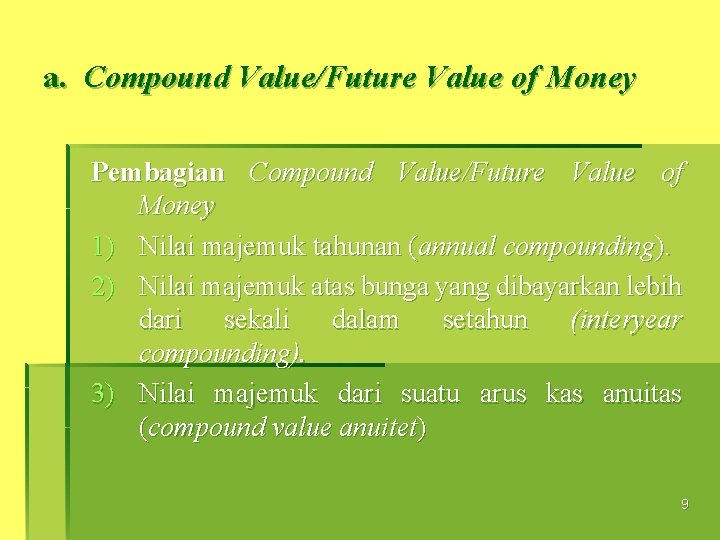 a. Compound Value/Future Value of Money Pembagian Compound Value/Future Value of Money 1) Nilai